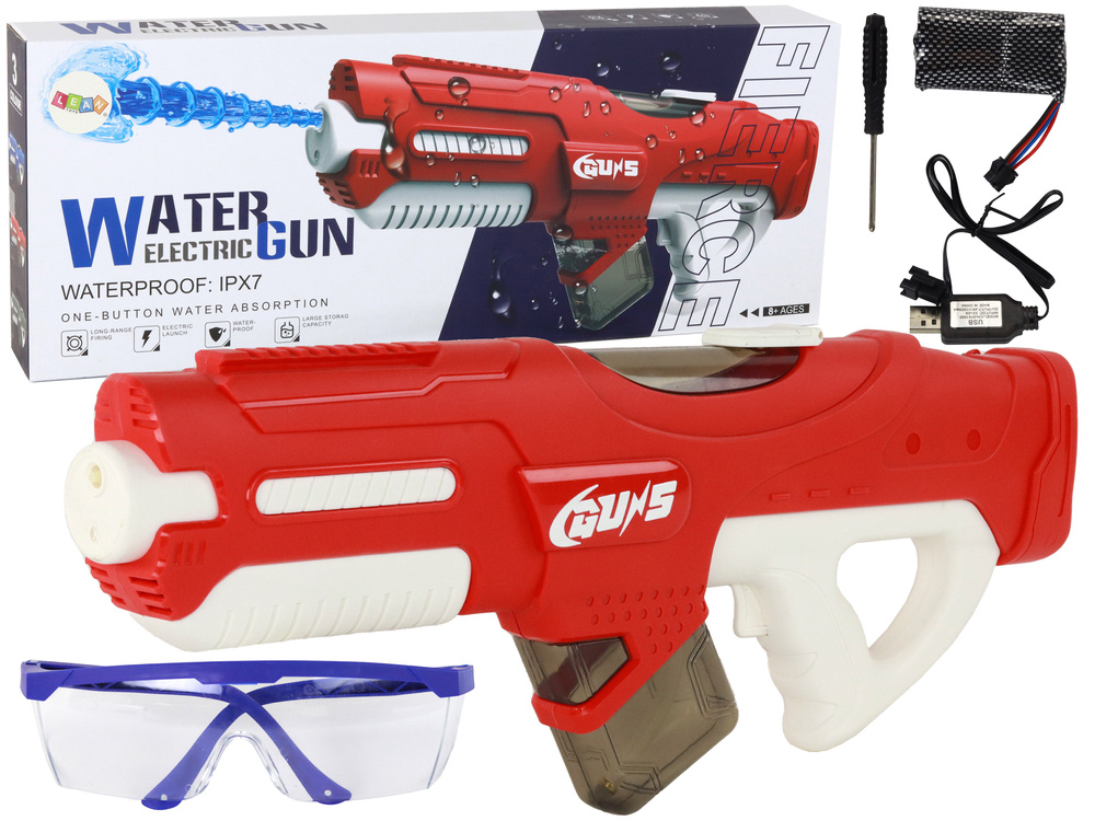 Velká červená vodní pistole 750ml s brýlemi LEAN Toys na baterie - doporučeno od 8 let