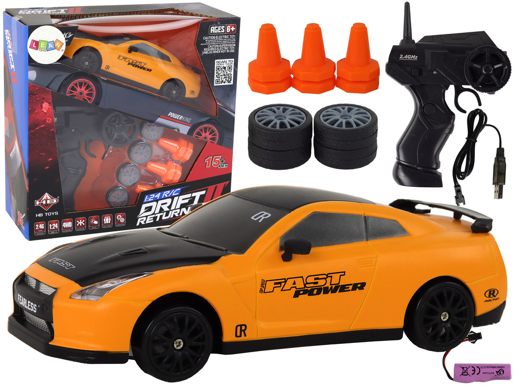 Dálkově ovládané auto LEAN Toys 1:24 s vyměnitelnými koly a kuželky - žluté sportovní vozidlo 2,4 GHz