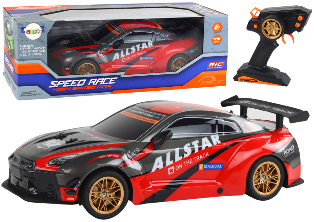 Dálkově ovládané sportovní auto LEAN Toys 1:10 červené rychlost 25 km/h s LED světly