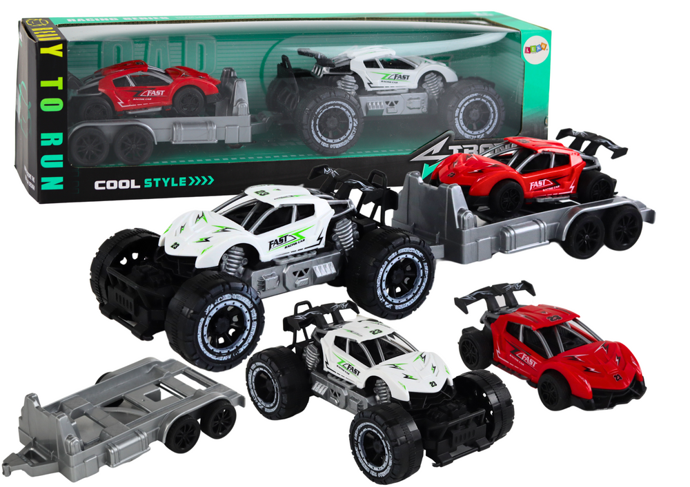 Sada terénneho automobílu LEAN Toys s prikážcom a športovým vozidlom - biela/červená, pull-back mechanizmus