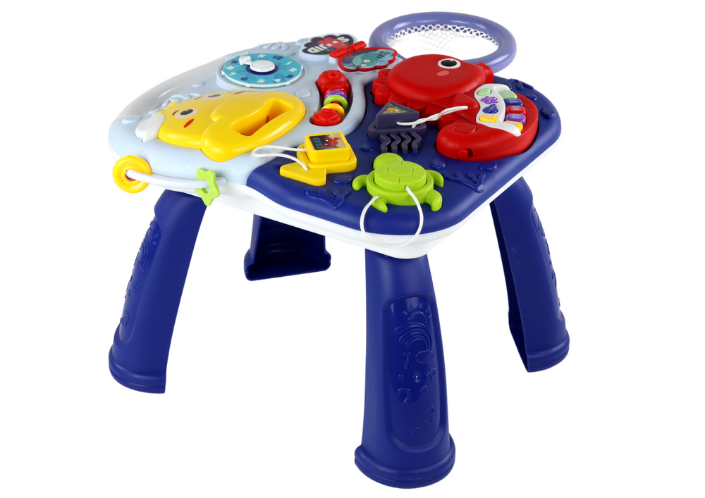 Edukativní stolek 2v1 LEAN Toys Mořská zvířata s pianem, hodinami a míčky pro nejmenší