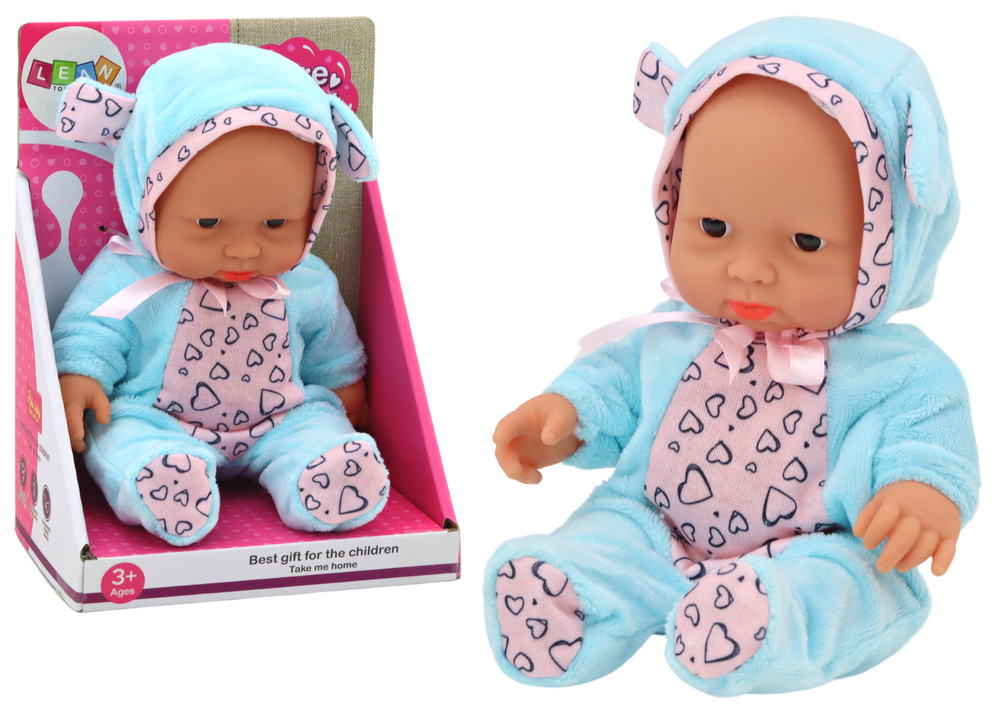Panenka miminko LEAN Toys 21 cm s oblečkem a čepičkou s uškami - modrá