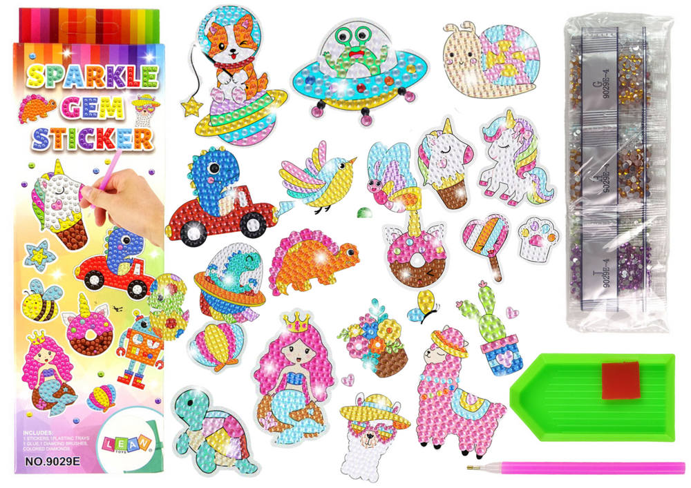 Samolepky s diamantovým vyšíváním LEAN Toys - kreatívna sada s 6 šablónami a 16 farbami diamantov