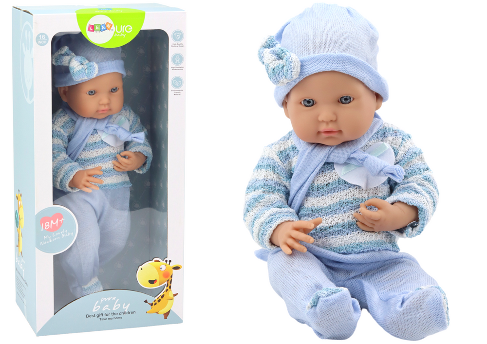 Panenka miminko LEAN Toys s modrým svetrom s pruhy, čepičkou a šálou - pohyblivé končetiny pre deti od 18 mes