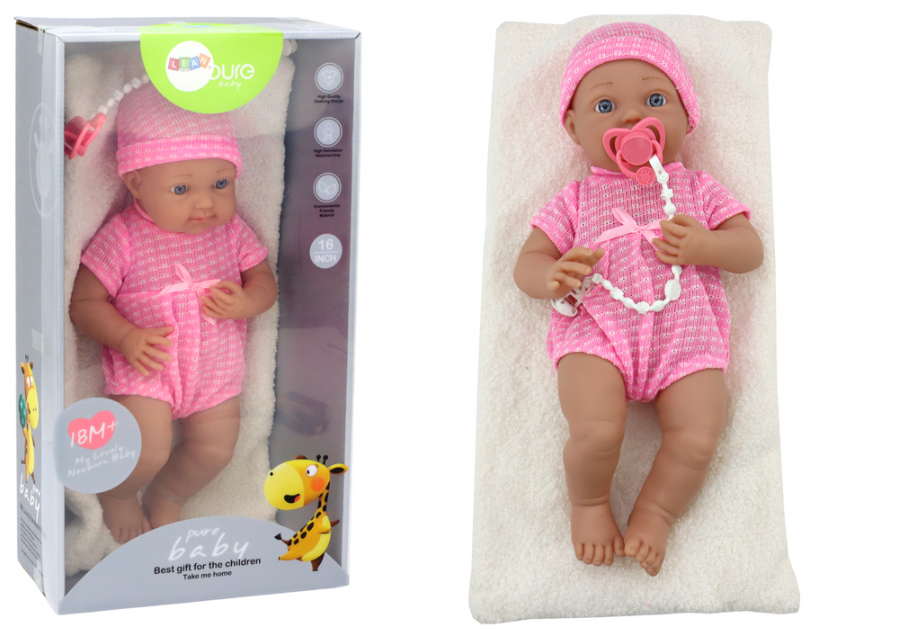 Panenka Bobas v růžovém oblečku s čepičkou a dudlíkem LEAN Toys - měkká panenka pro dívky s realistickými rysy