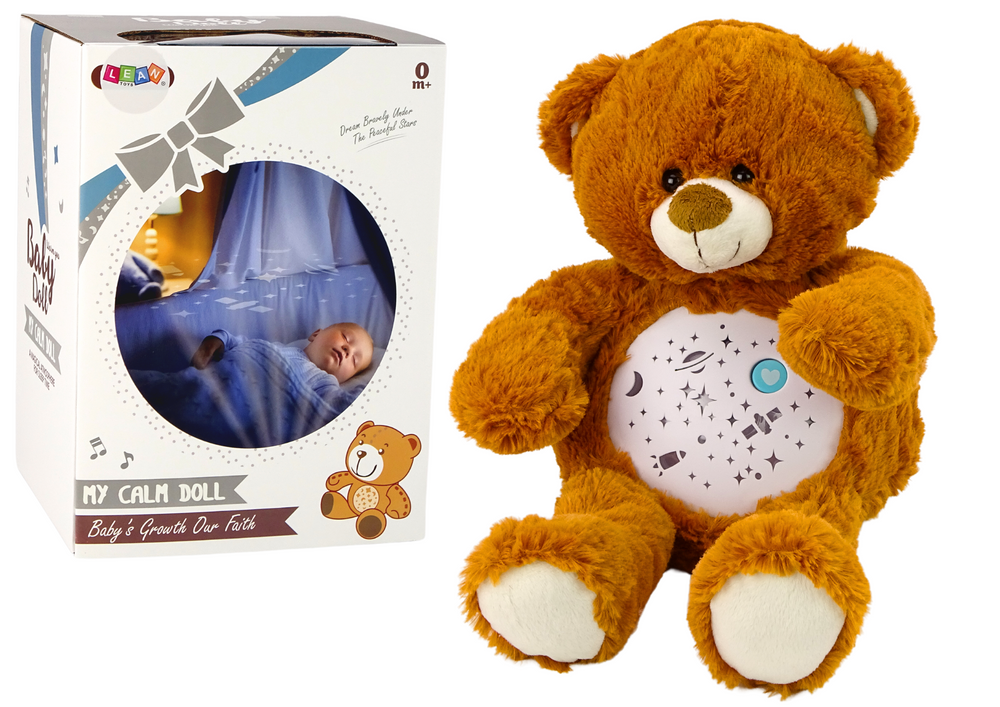 Uspávací Plyšový Medvídek Světla Zvuky Denní a Noční Režim Hnědý - LEAN Toys 5905991017073 — Uspávací medvídek v hnědém pluši