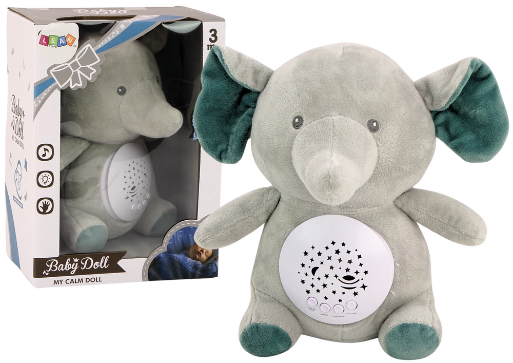 Usínací sloník s projektorem hvězd LEAN Toys - měkký plyšový s melodiemi a barevnými světly pro děti od narození