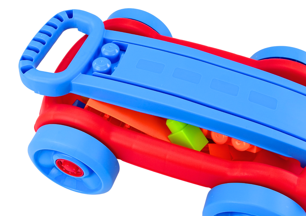 Sada kostek v vozíku na kolečkách LEAN Toys modro-červený - rozvoj kreativity a motoriky pro děti od 3 let