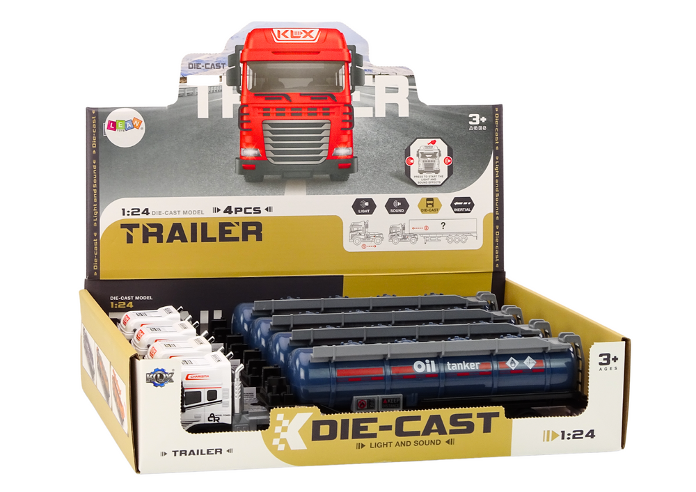 Nákladní automobil s cisternou 1:24 Zvuky Světla Odpojitelný model - LEAN Toys TIR 1:24 (bílá kabina, šedá cisterna) — Odpojitelný trailer
