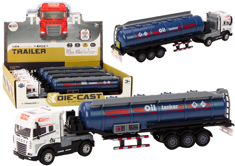 Nákladní automobil s cisternou 1:24 Zvuky Světla Odpojitelný model - LEAN Toys TIR 1:24 (bílá kabina, šedá cisterna) — Nákladní automobil s cisternou
