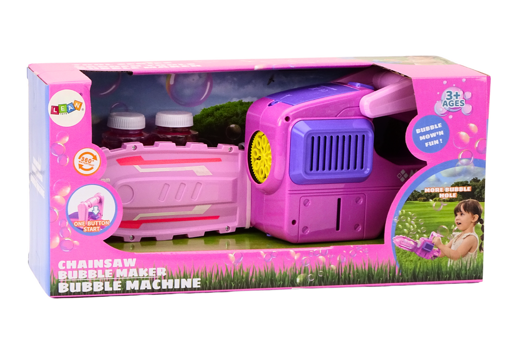 Stroj na bubliny řetězová pila růžová LEAN Toys - s 2 lahvičkami tekutiny pro děti od 3 let