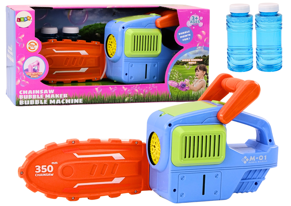 Výrobník bublin Řetězová pila LEAN Toys modrá 35,5 cm elektrický bublifuk pro děti od 3 let