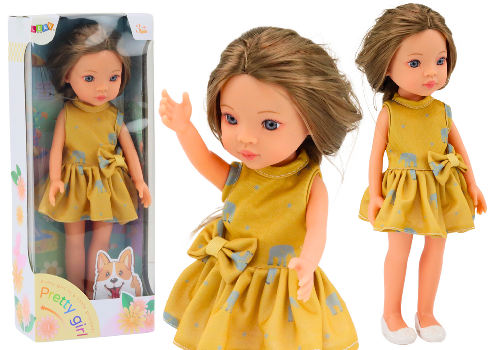 Panenka LEAN Toys žluté šaty hnědé vlasy 33cm - kvalitní hračka pro holčičky