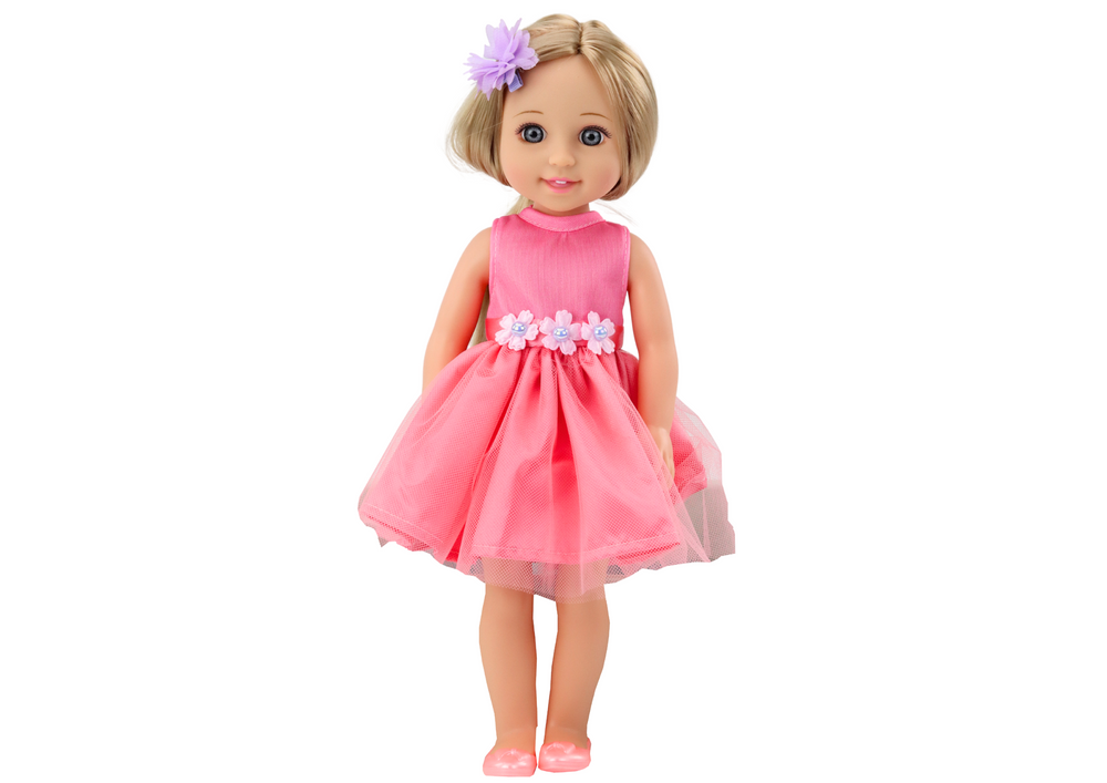 Panenka LEAN Toys s dlouhými vlasy a růžovým šatem 38 cm — Detail panenky