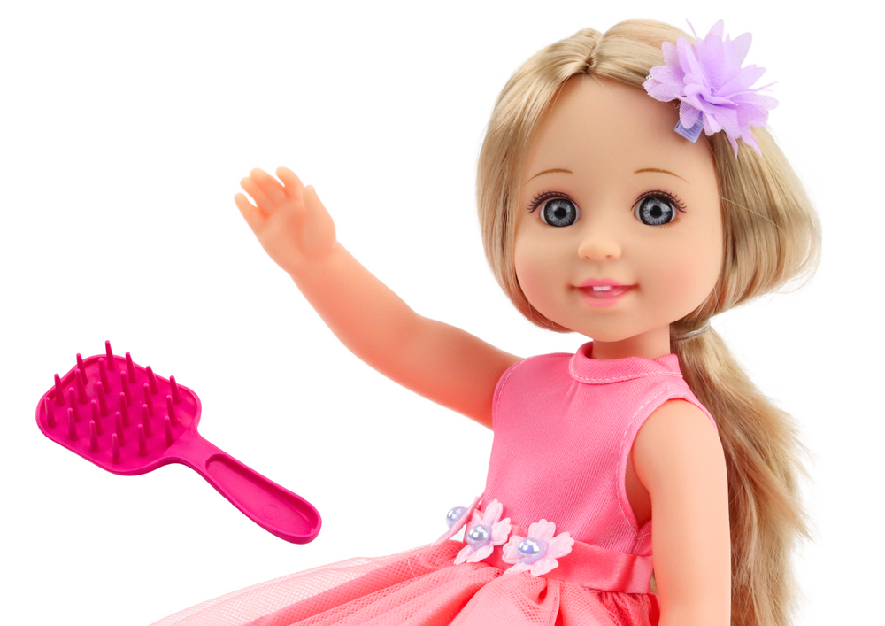 Panenka LEAN Toys s dlouhými vlasy a růžovým šatem 38 cm — V provozu