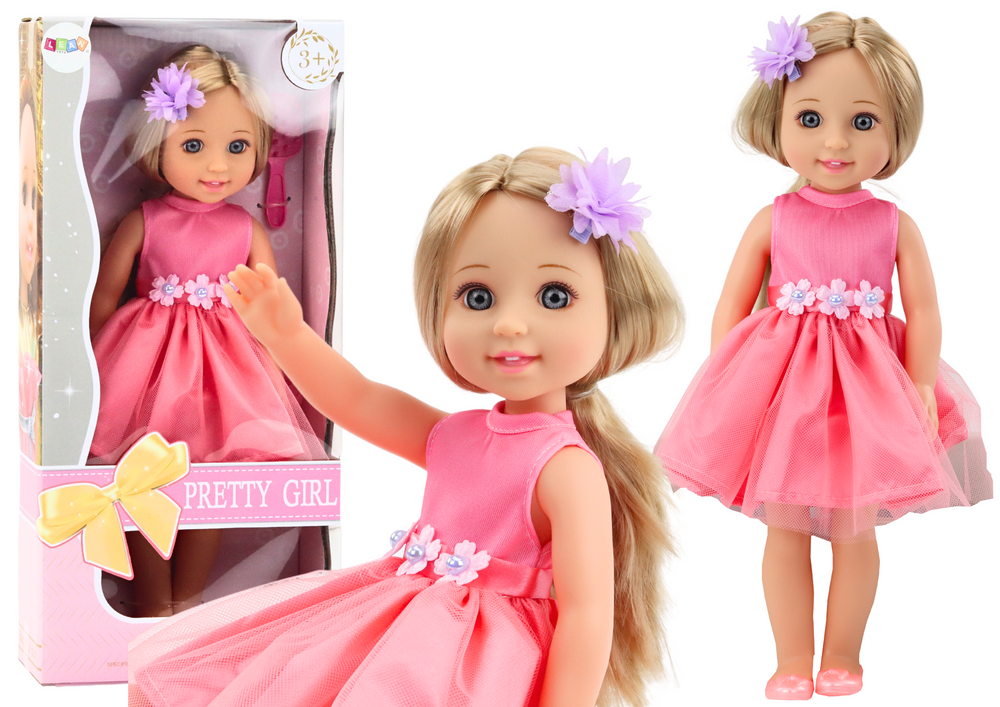 Panenka LEAN Toys s dlouhými vlasy a růžovým šatem 38 cm — Celkový pohled