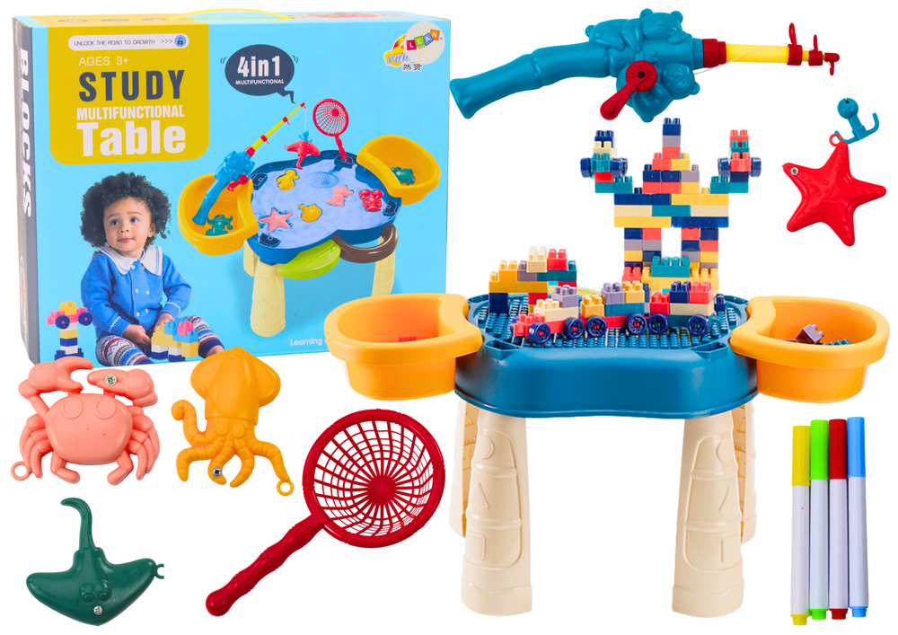 Víceúčelový herní stolek 4v1 LEAN Toys - kostky, rybolov, kreslení modrý pro děti od 3 let