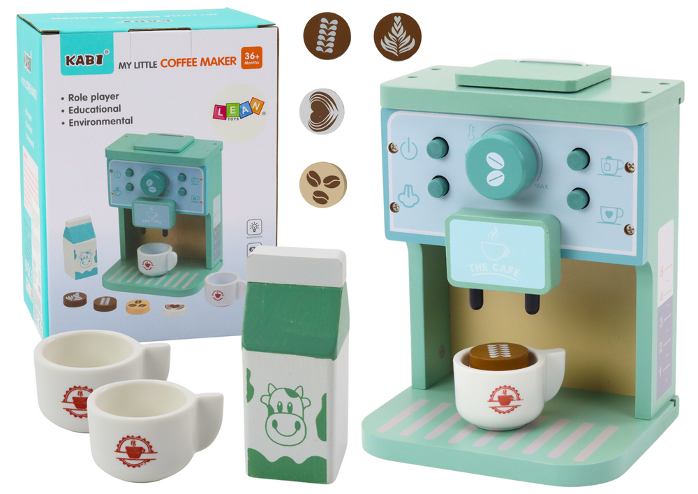Dřevěný kávovar LEAN Toys s šálky a příslušenstvím — Celkový pohled
