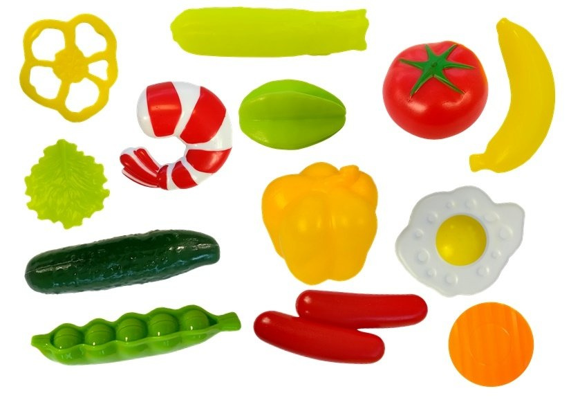 Dětská kuchyňka LEAN Toys oranžová zelenina s příslušenstvím a příbory — V provozu