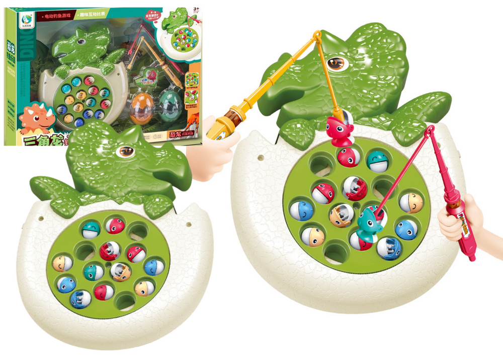 Hra chytanie ryb s dinosaúrom LEAN Toys - zvukové efekty, 2 pruty, 6 rybičiek, od 3 rokov