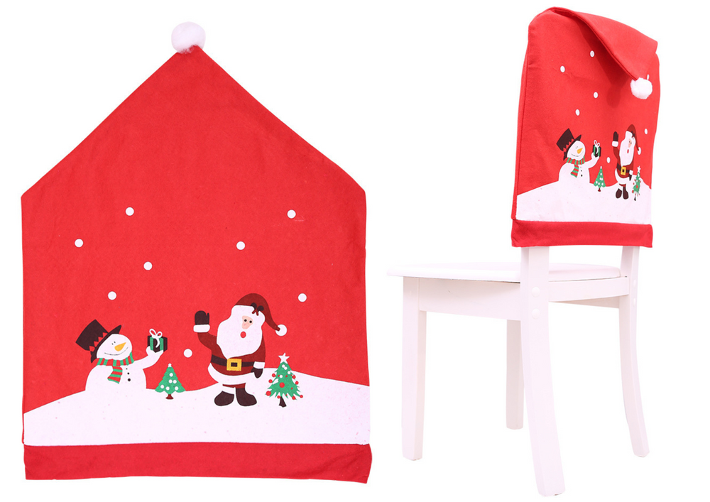 Vianočný červený poťah na stoličku LEAN 60×48 cm inšpirovaný kostýmom Santa Clausa s bielou bambulou