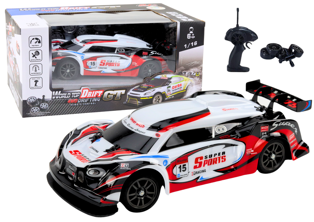 RC Športové Auto 1:16 LEAN Toys Drift Výmenné Kolesá Bielo-Červené 2,4GHz 15km/h