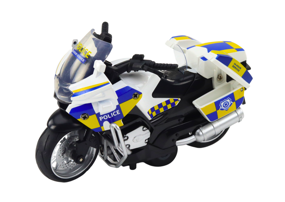 Policejní motocykl LEAN Toys s třecím pohonem, baterie, světlo a zvuk — Detail