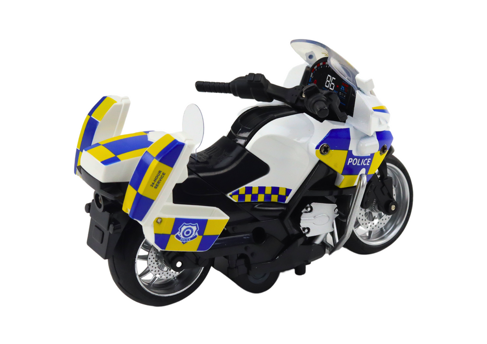 Policejní motocykl LEAN Toys s třecím pohonem, baterie, světlo a zvuk — V provozu