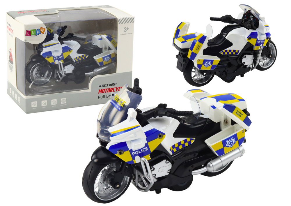 Policejní motocykl LEAN Toys s třecím pohonem, baterie, světlo a zvuk — Celkový pohled