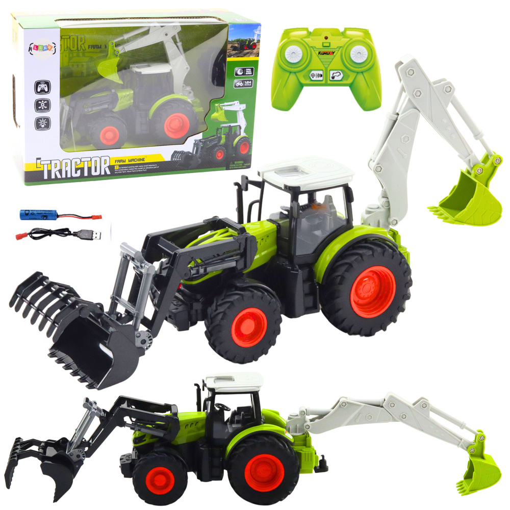 Dálkově ovládaný traktor s otočnou lžící a bagrem 2v1 LEAN Toys 2.4GHz s LED světly a gumovými koly