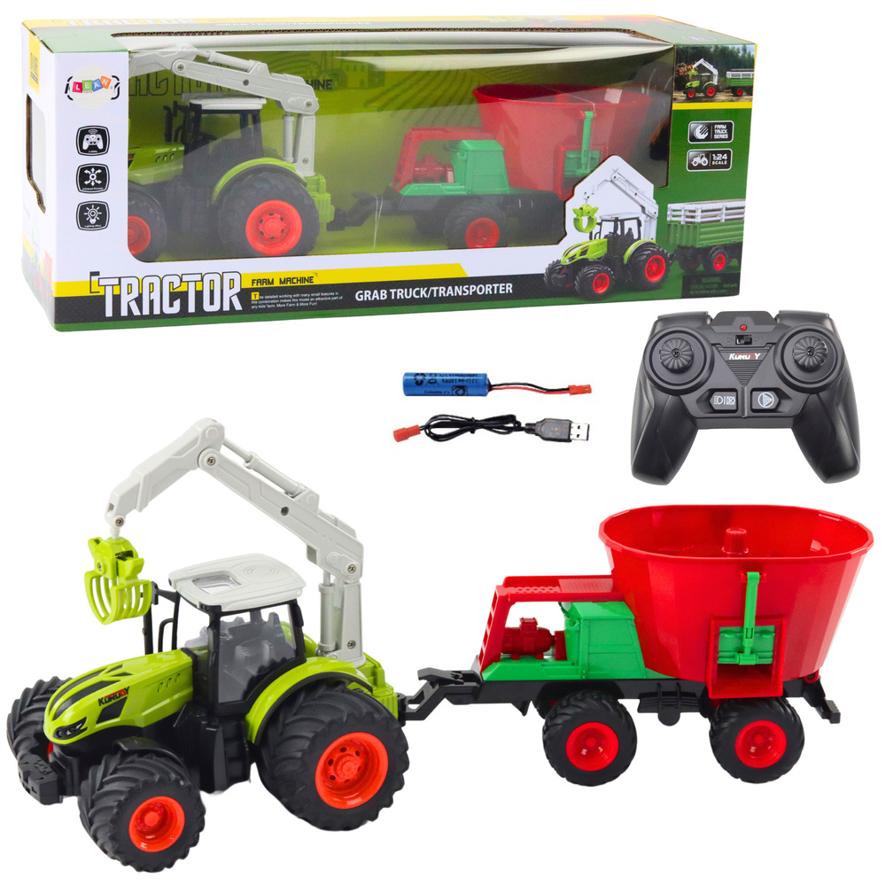 Zemědělský traktor s dálkovým ovládáním 2.4G LEAN Toys - s funkcemi sečkač a otočný chytač pro děti