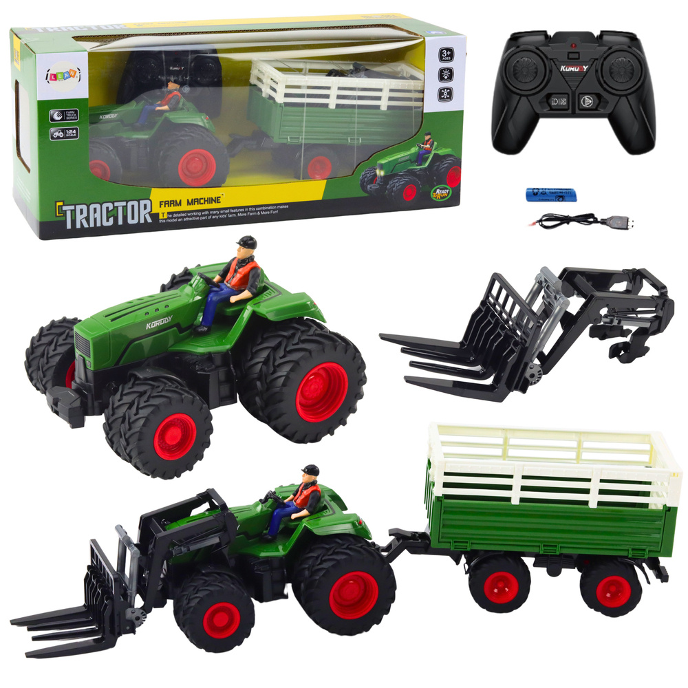 Dálkově ovládaný zemědělský traktor s přívěsem a vidlemi LEAN Toys - dvojité kola pro stabilitu