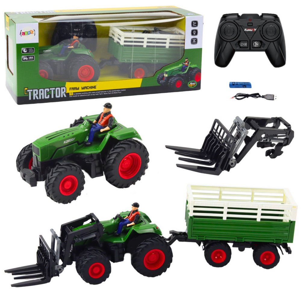 RC zemědělský traktor s přívěsem a vidlemi 2.4GHz od LEAN Toys - dálkově ovládaný s realistickými detaily