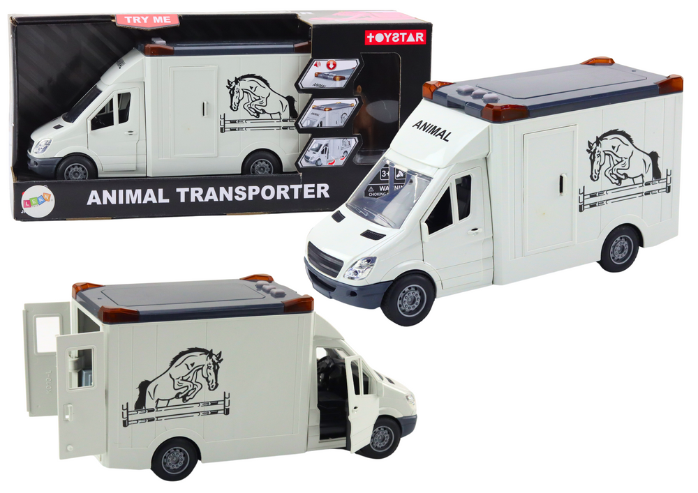 Transportér pro koně LEAN Toys s otevíracími dveřmi světlem a zvukem bílý 28cm