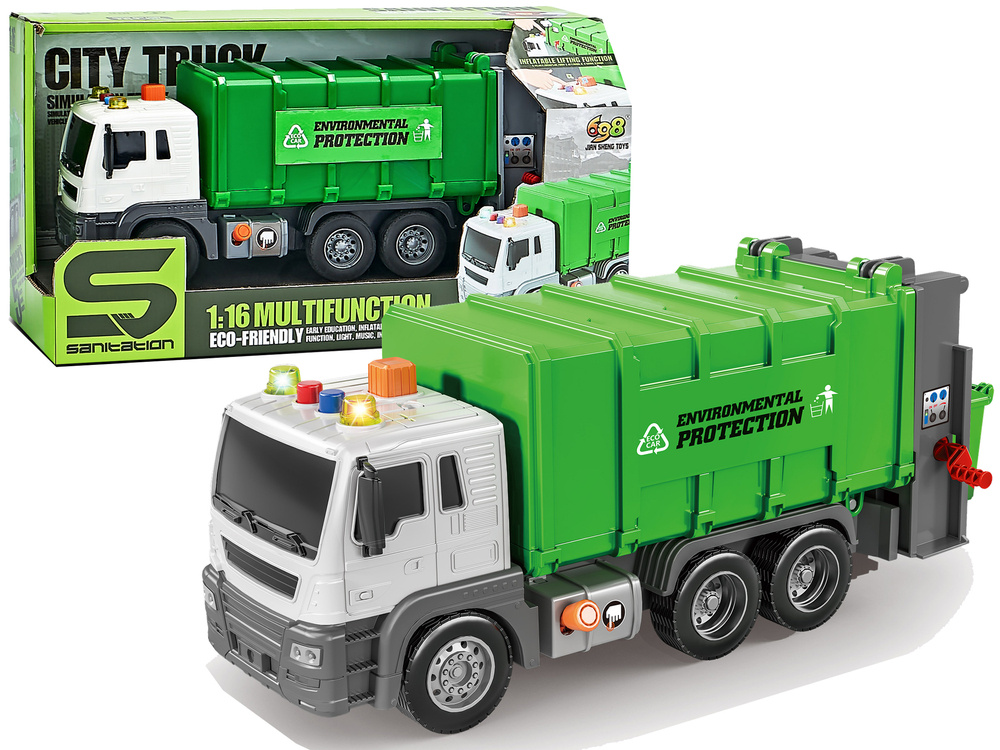 Popelářský vůz LEAN Toys 1:16 se zvuky a kontejnery - zelený model s mechanismem třením
