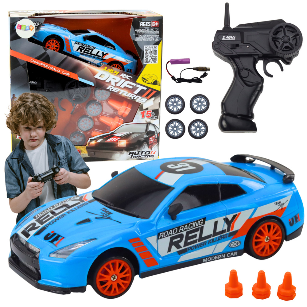Športové diaľkovo ovládané auto LEAN Toys 1:24 s vymieňateľnými kolieska - modré diaľkovo ovládané vozidlo