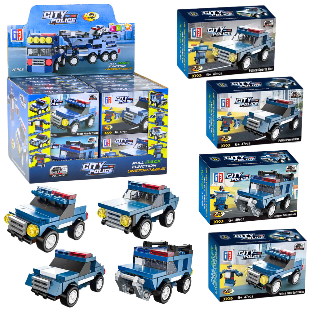 Sada stavebnice policejní vozidlo s pohonem pull-back LEAN Toys pro chlapce od 6 let — Celkový pohled