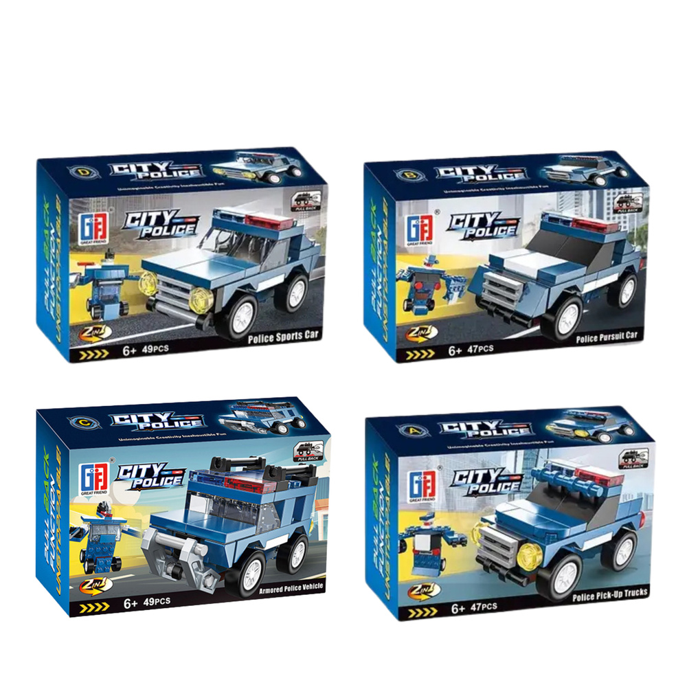 Sada stavebnice policejní vozidlo s pohonem pull-back LEAN Toys pro chlapce od 6 let — V provozu