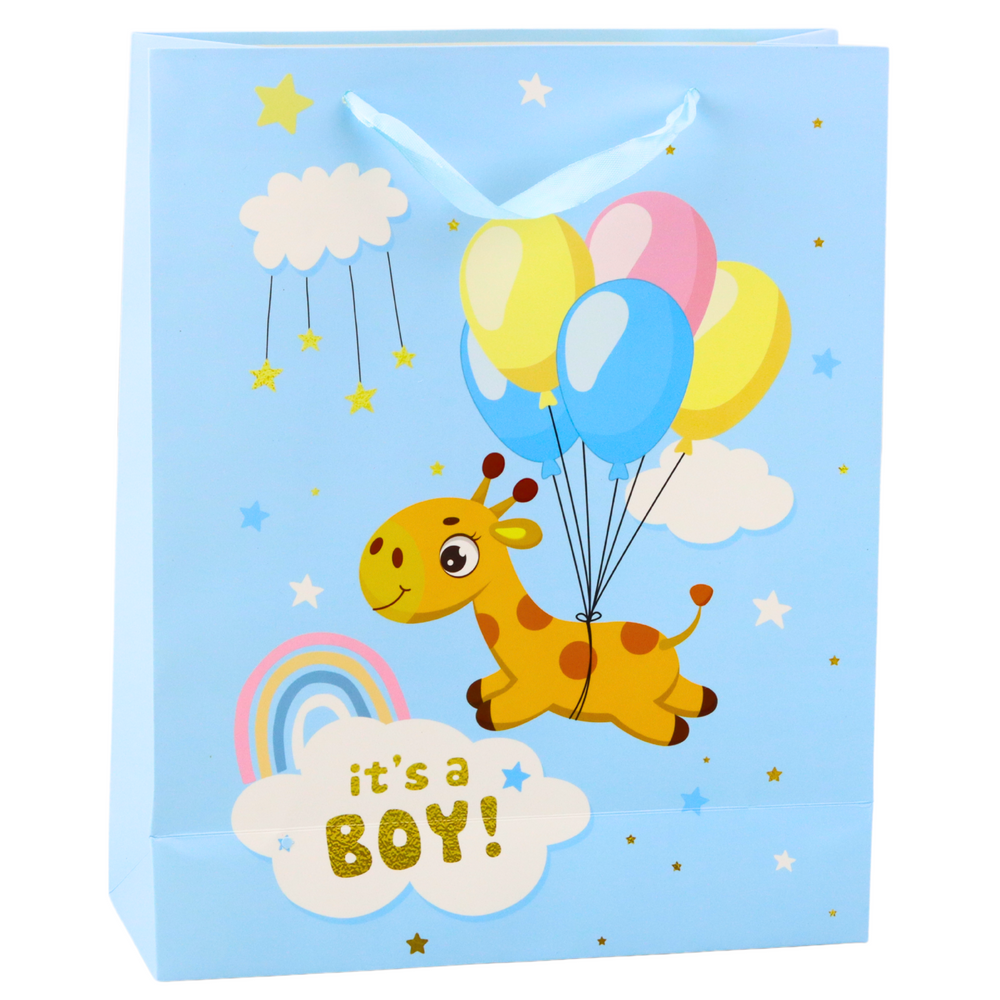Darčeková taška It's A Boy so žirafou, modrá, 32 x 26 x 10 cm, LEAN, pre novorodencov a na oslavu narodenia dieťaťa