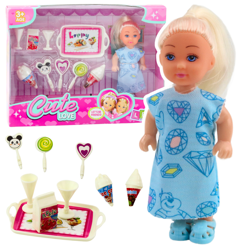 Mini panenka LEAN Toys s modrými šatami 12 cm - sada so sladkými doplnkami na kreatívne hranie