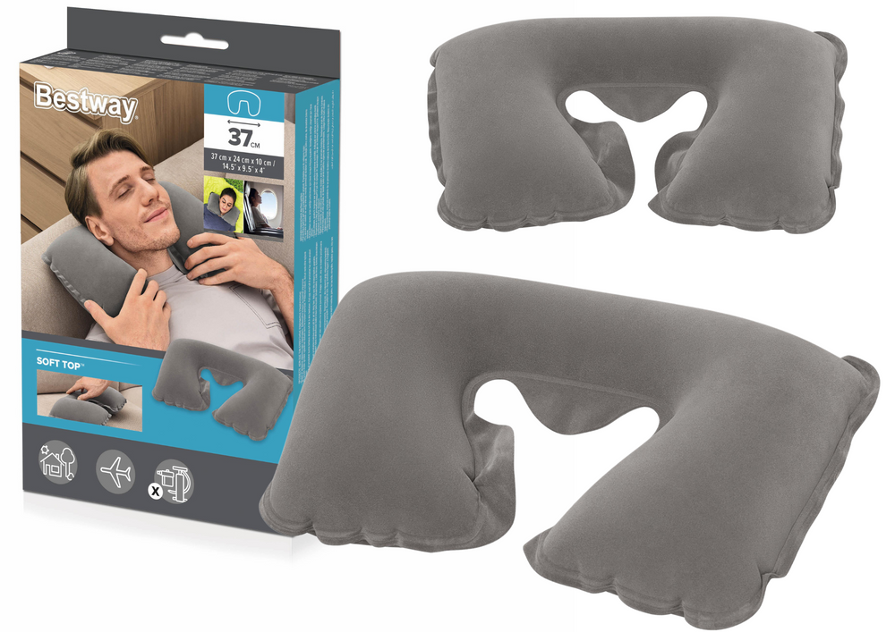Nafukovací cestovný vankúš Bestway 67006 – golier 46 × 28 cm, sivý s flokovaným povrchom z PVC