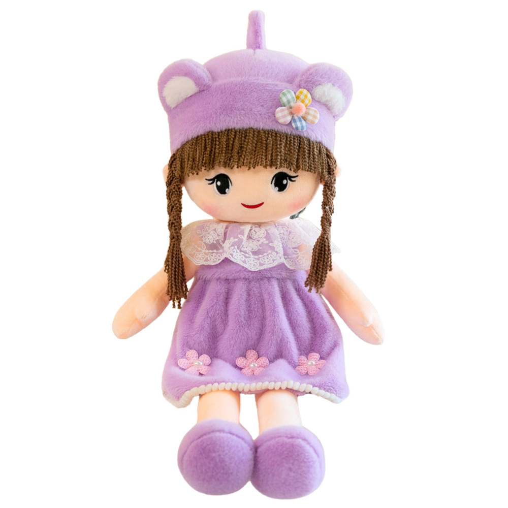 Měkká látková panenka Fialové šaty čepice s ušima 45 cm LEAN Toys — Celkový pohled
