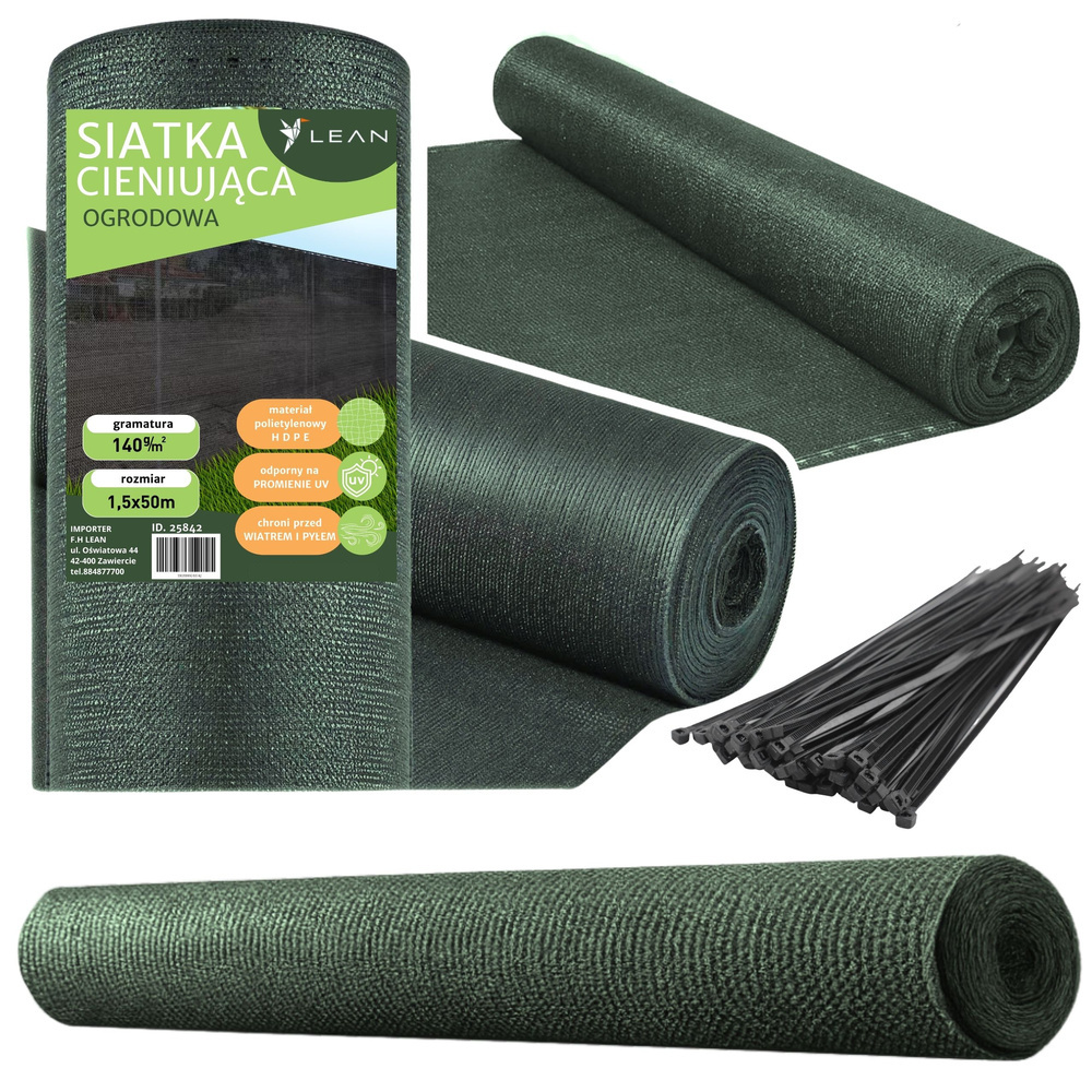 Tienidelná sieť na plot LEAN, zelená, 1,5 m × 50 m, gramáž 140 g/m², 90 % tienenie, ochrana proti UV žiareniu