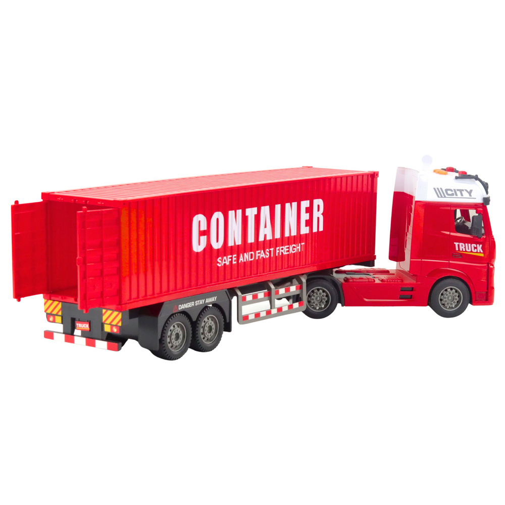 Těžký nákladní automobil s kontejnerem LEAN Toys, +3 let, světla a zvuky, plast, rozměry 20 x 15 x 64 cm — V provozu