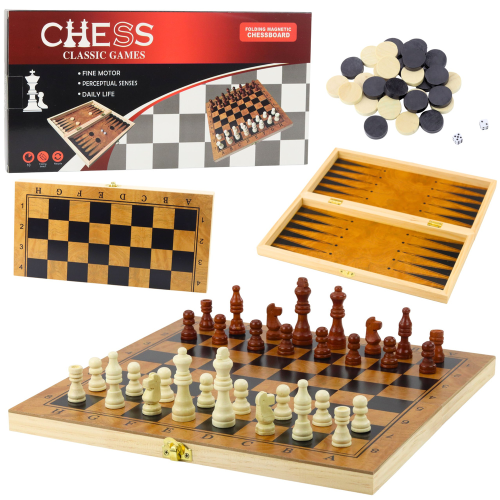 Dřevěné stolní hry 3v1 Šachy Dáma Backgammon LEAN Toys pro děti od 3 let — Celkový pohled