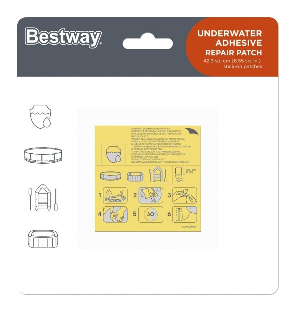 Voděodolné opravné záplaty pro bazény a matrace Bestway 62091 - 10 ks, 6,5 x 6,5 cm, aplikace pod vodou