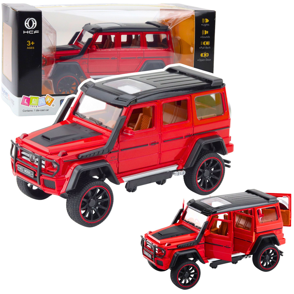 Kovové terénne auto s pull-back pohonom, otváracími dverami, červené, mierka 1:22