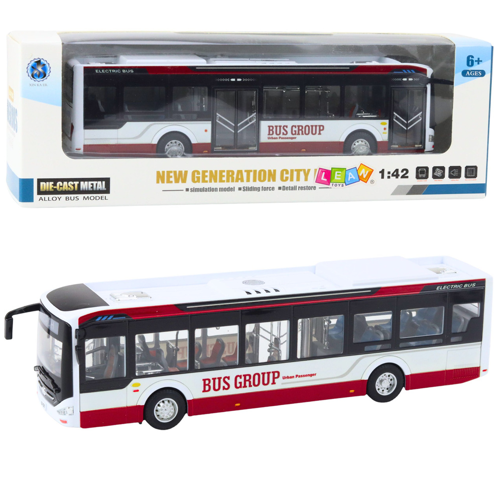 Kovový Městský Autobus LEAN Toys, Červený s Otevíracími Dveřmi a Efekty, Věk +3 — Celkový pohled