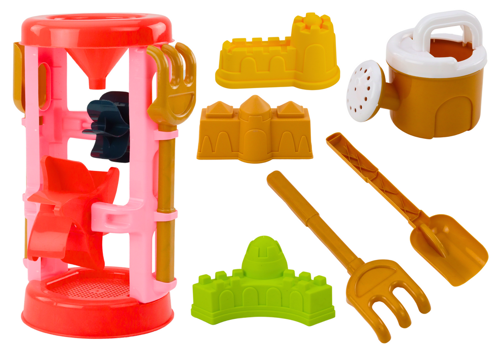 Růžová sada hraček do písku Lean Toys s mlýnkem a formičkami hradů - kompletní set pro kreativní hraní od 3 let