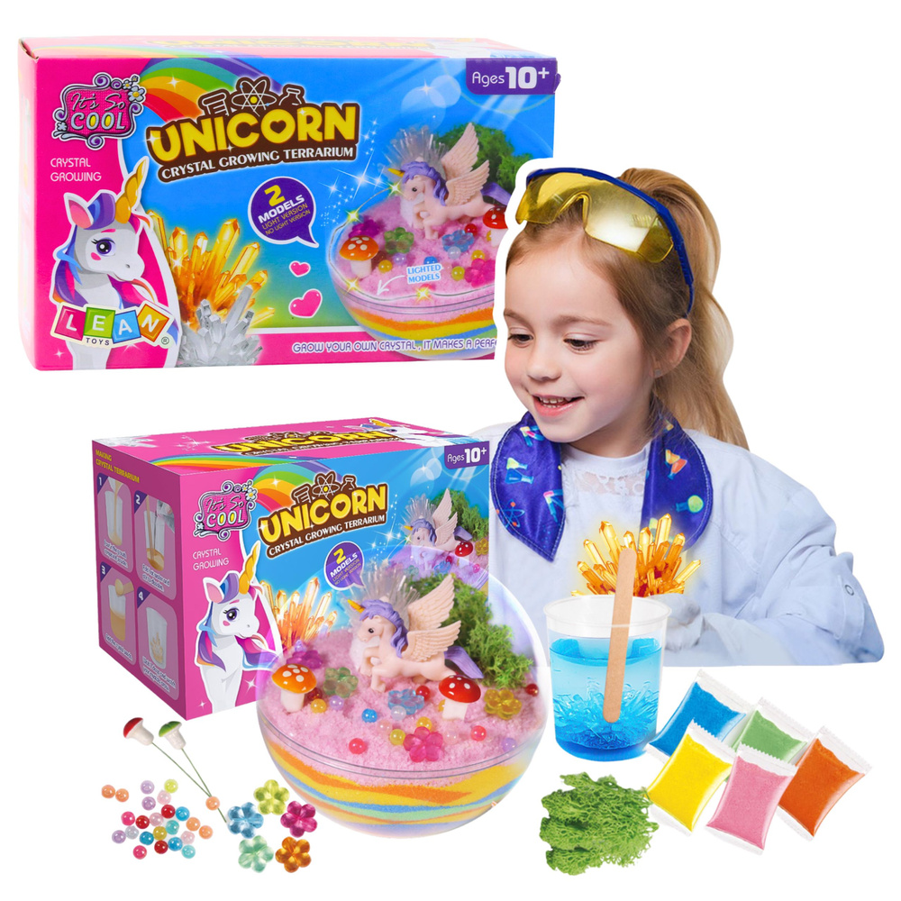 Kreativní sada pro pěstování krystalů Unicorn Crystal Growing Terrarium od LEAN Toys, věk 10+ let, rozvíjí cílení a vědecké myšlení — Celkový pohled
